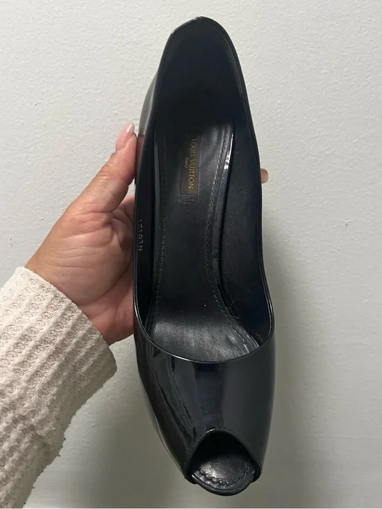 Louis Vuitton Navy Blue Patent Leather Peep Toe Stiletto Heels - Picture 3 of 6